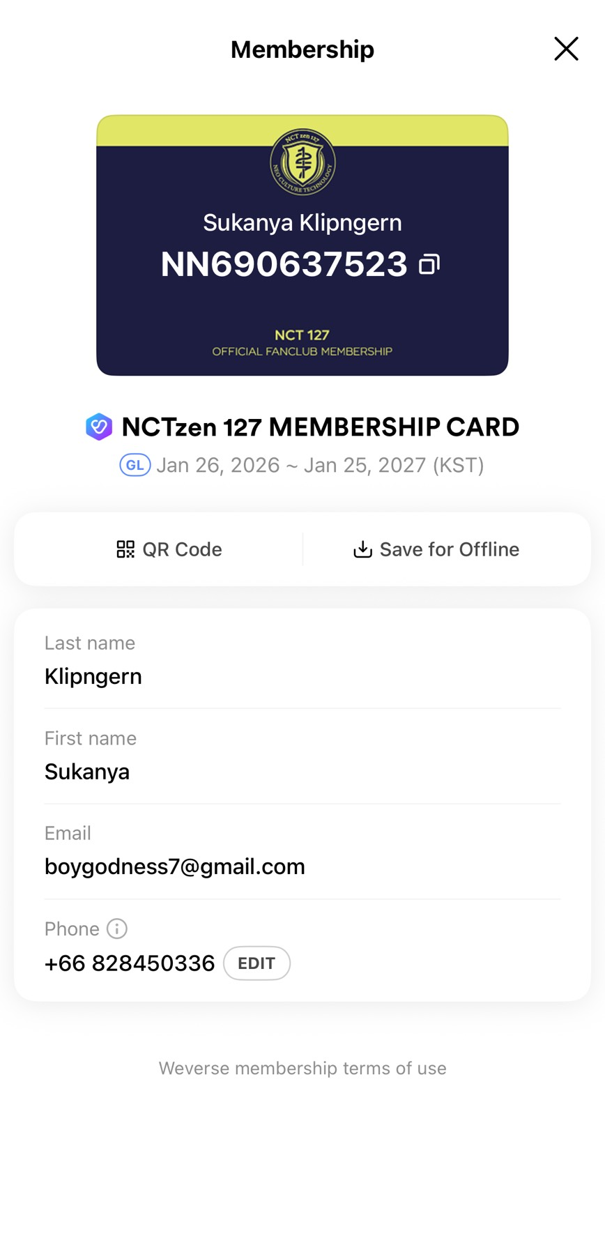 Membership card for NCTzen 127 member Sukanya Klipngern